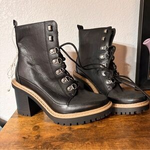 a new day Black Lace-Up Chunky Heel Combat Boots with Tan Trim